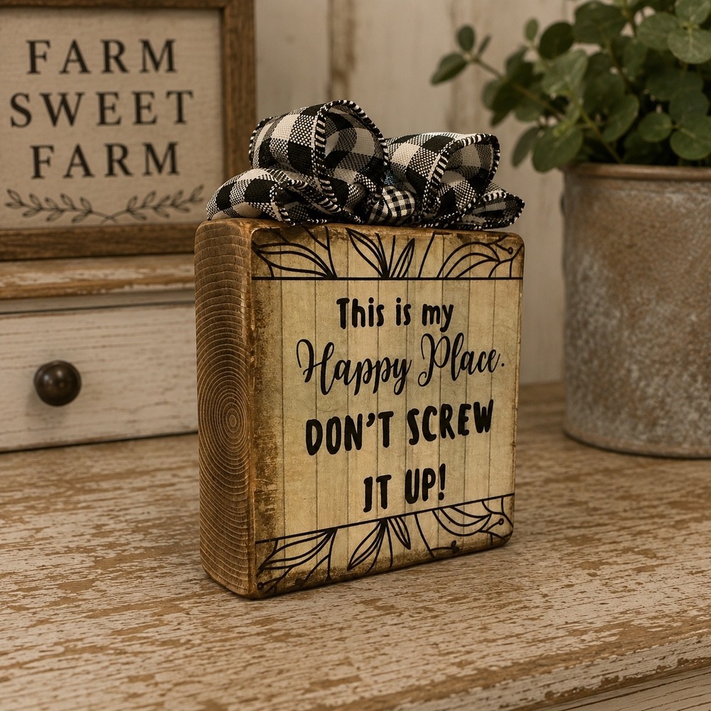 Handmade Rustic Wood Block Sign This Is My Happy Place Dont Screw It Up 5.5in